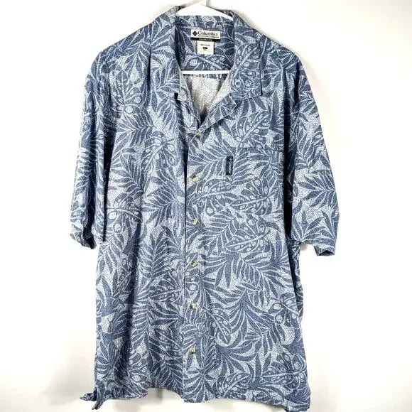 Columbia XL Blue Pattern Button Down Shirt Mens Short Sleeve Casual Viscose - Picture 1 of 4